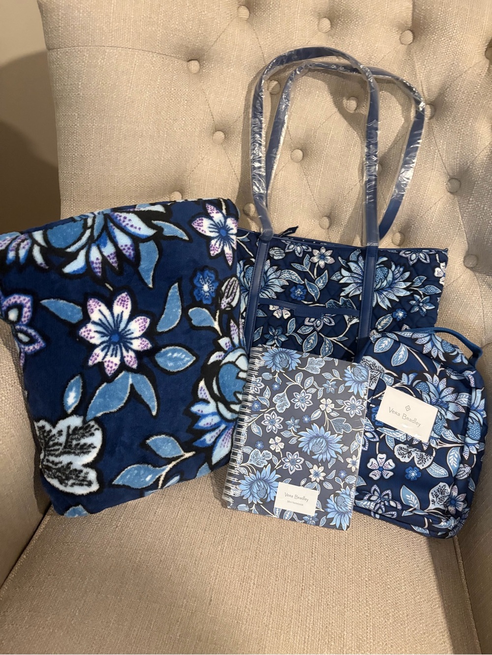 Vera Bradley Navy and Light Blue Floral Quilted Tote with Matching Accessories